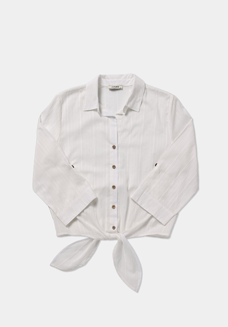 Fashion Fit Shirt Neck Düz Kadın Beyaz Roll-up Gömlek