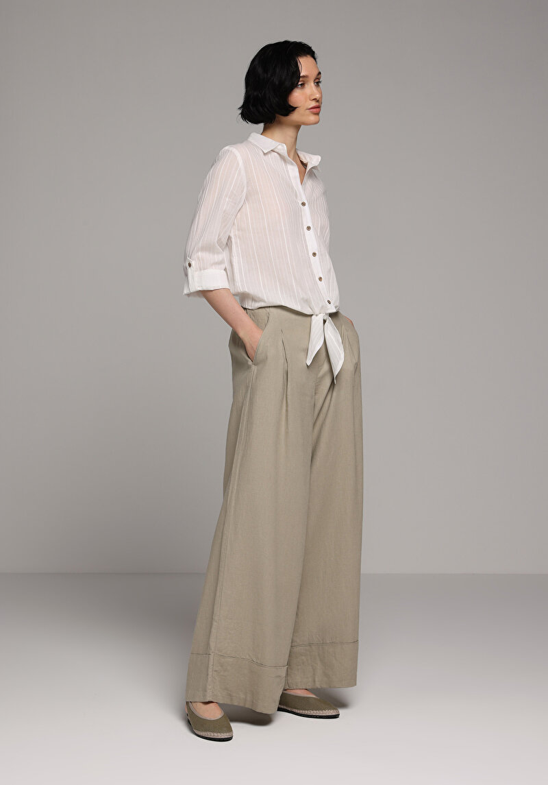 Regular Fit Yüksel Bel Geniş Paça Kadın Yeşil Pantolon