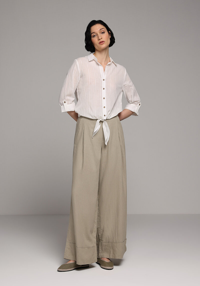 Regular Fit Yüksel Bel Geniş Paça Kadın Yeşil Pantolon