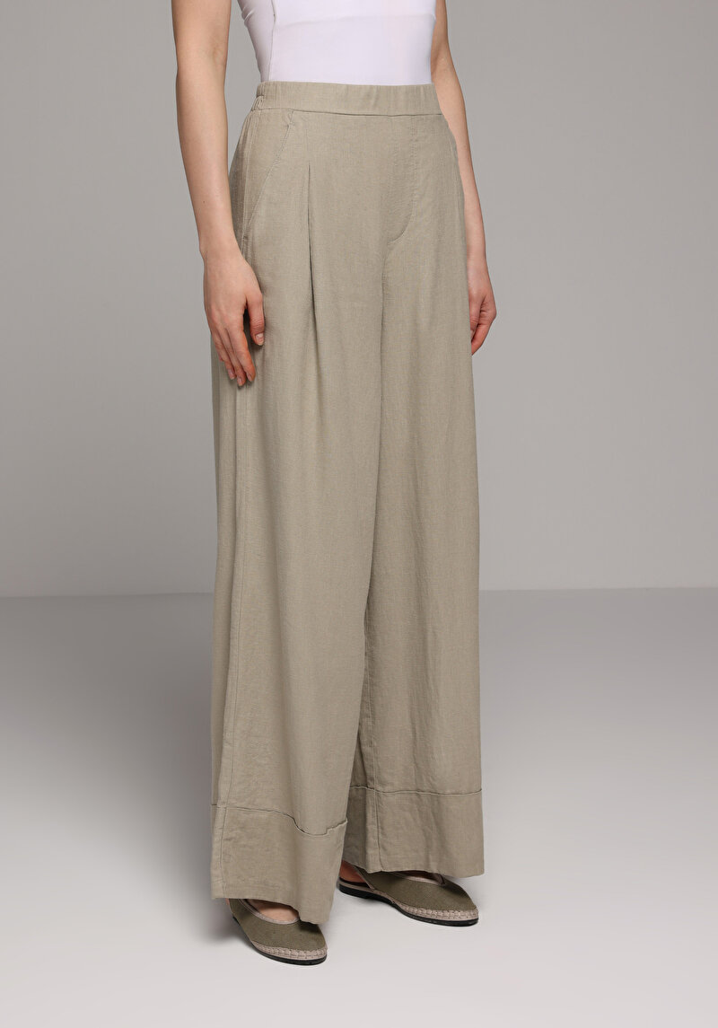 Regular Fit Yüksel Bel Geniş Paça Kadın Yeşil Pantolon