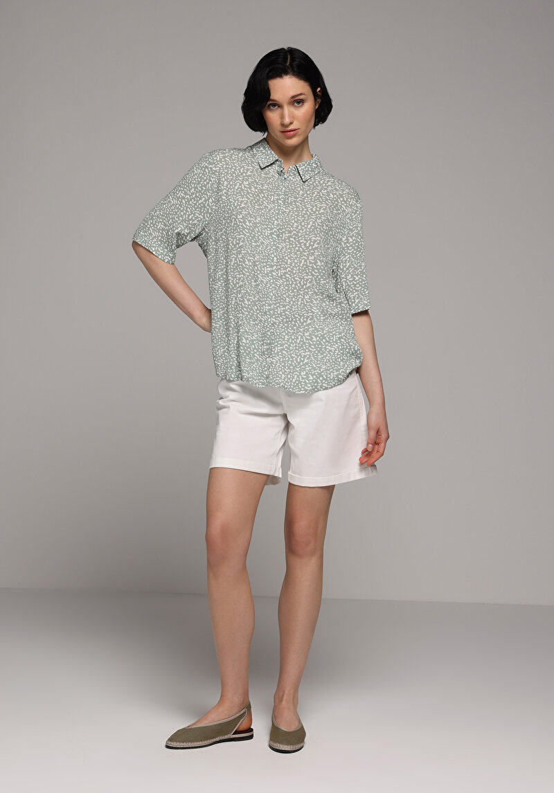 Fashion Fit Shirt Neck Baskılı Kadın Yeşil Kısa Kol Gömlek