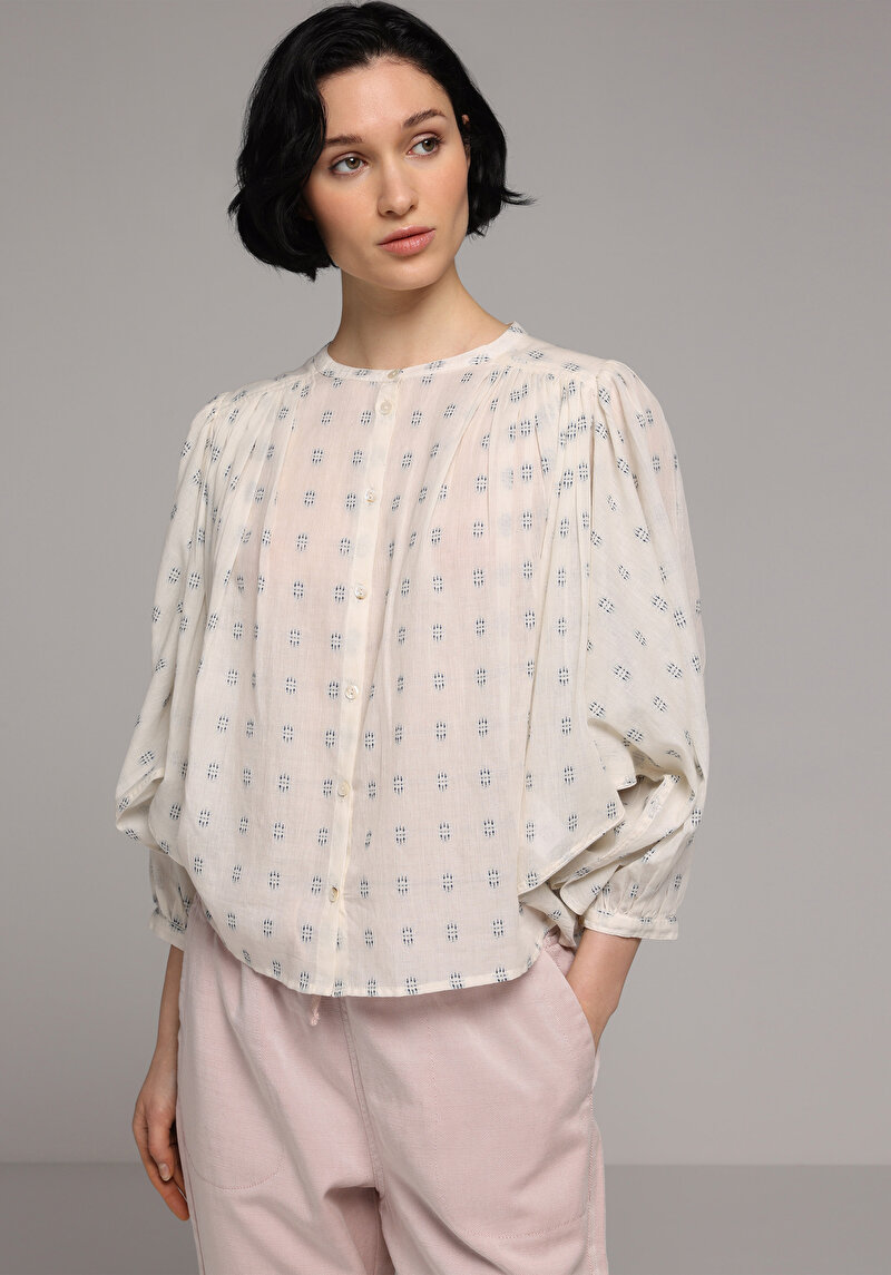 Fashion Fit Yuvarlak Yaka Nakışlı Kadın Ekru Uzun Kol Gömlek