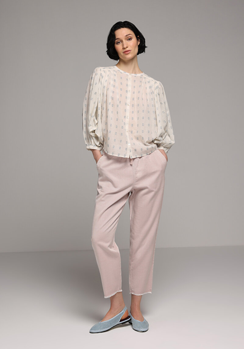 Fashion Fit Yuvarlak Yaka Nakışlı Kadın Ekru Uzun Kol Gömlek