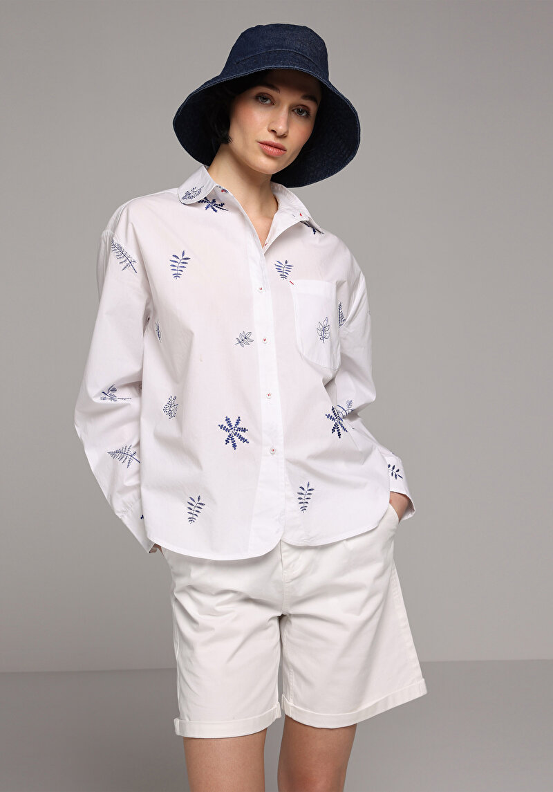 Boyfriend Shirt Neck Nakışlı Kadın Ekru Uzun Kol Gömlek