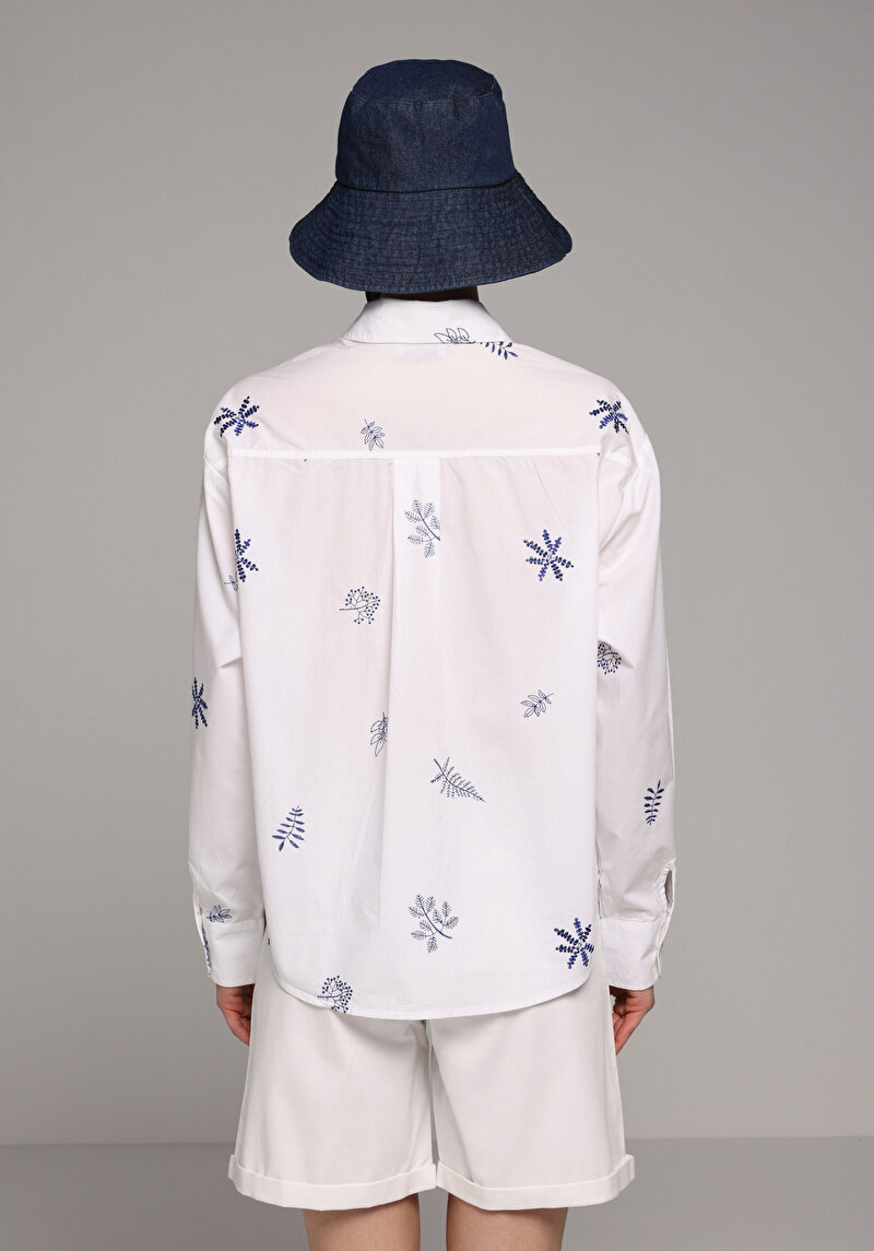 Boyfriend Shirt Neck Nakışlı Kadın Ekru Uzun Kol Gömlek