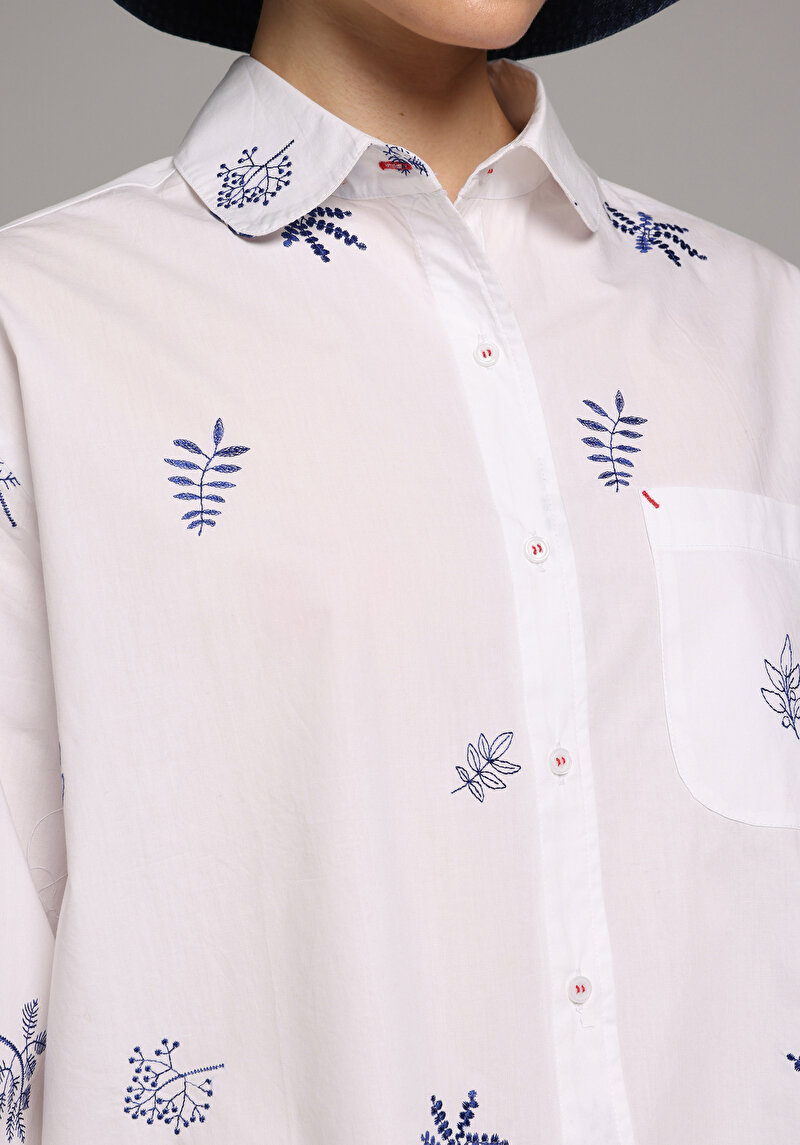 Boyfriend Shirt Neck Nakışlı Kadın Ekru Uzun Kol Gömlek