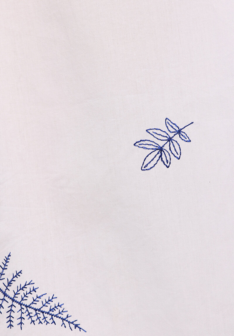 Boyfriend Shirt Neck Nakışlı Kadın Ekru Uzun Kol Gömlek