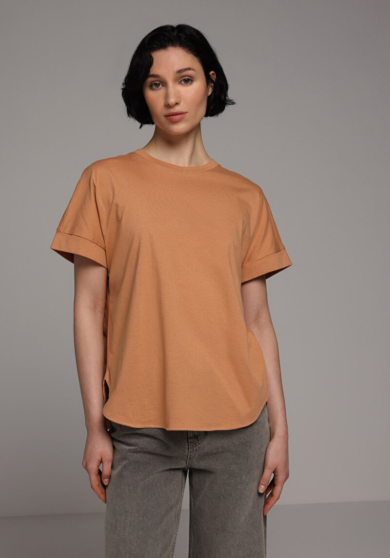 Regular Fit Yuvarlak Yaka Düz Kadın Turuncu Kısa Kol Tişört