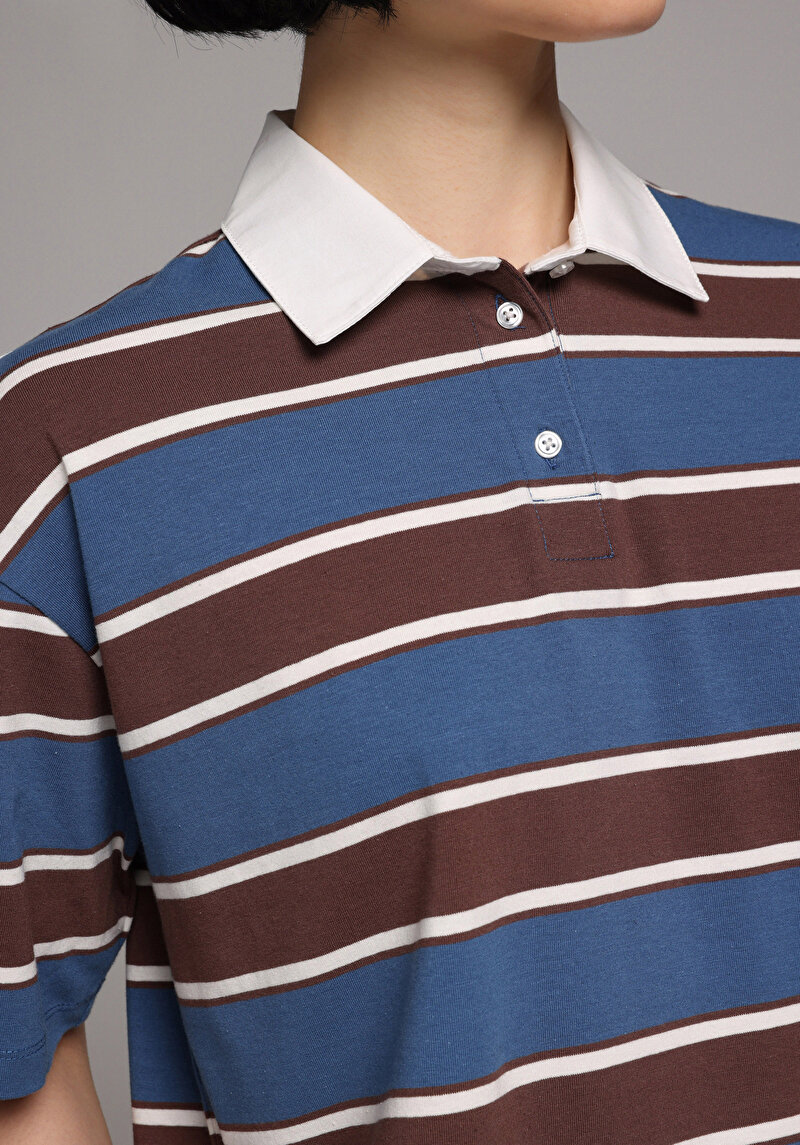 Regular Fit Polo Yaka Çizgili Kadın Lacivert Kısa Kol Tişört