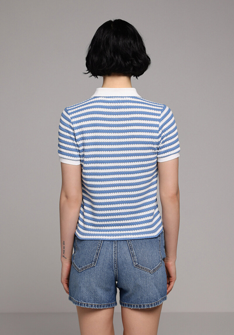 Slim Fit Polo Yaka Çizgili Kadın Mavi Kısa Kol Tişört