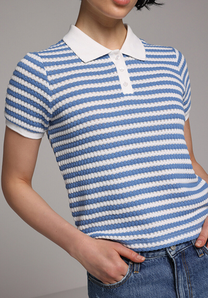 Slim Fit Polo Yaka Çizgili Kadın Mavi Kısa Kol Tişört