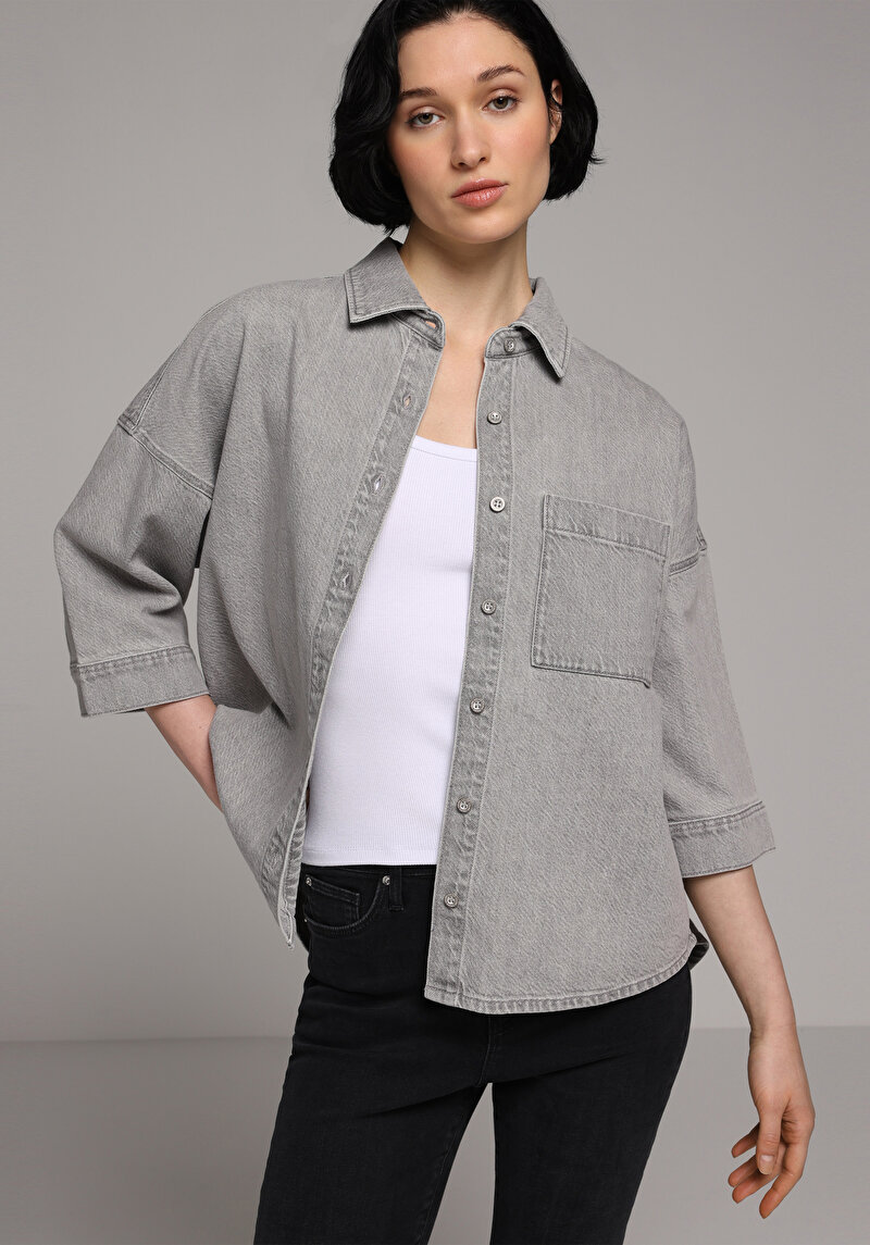 Oversize Fit Klasik Yaka Düz Kadın Grey Denim Uzun Kol Gömlek