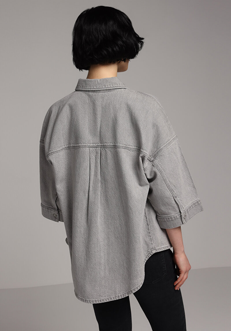 Oversize Fit Klasik Yaka Düz Kadın Grey Denim Uzun Kol Gömlek