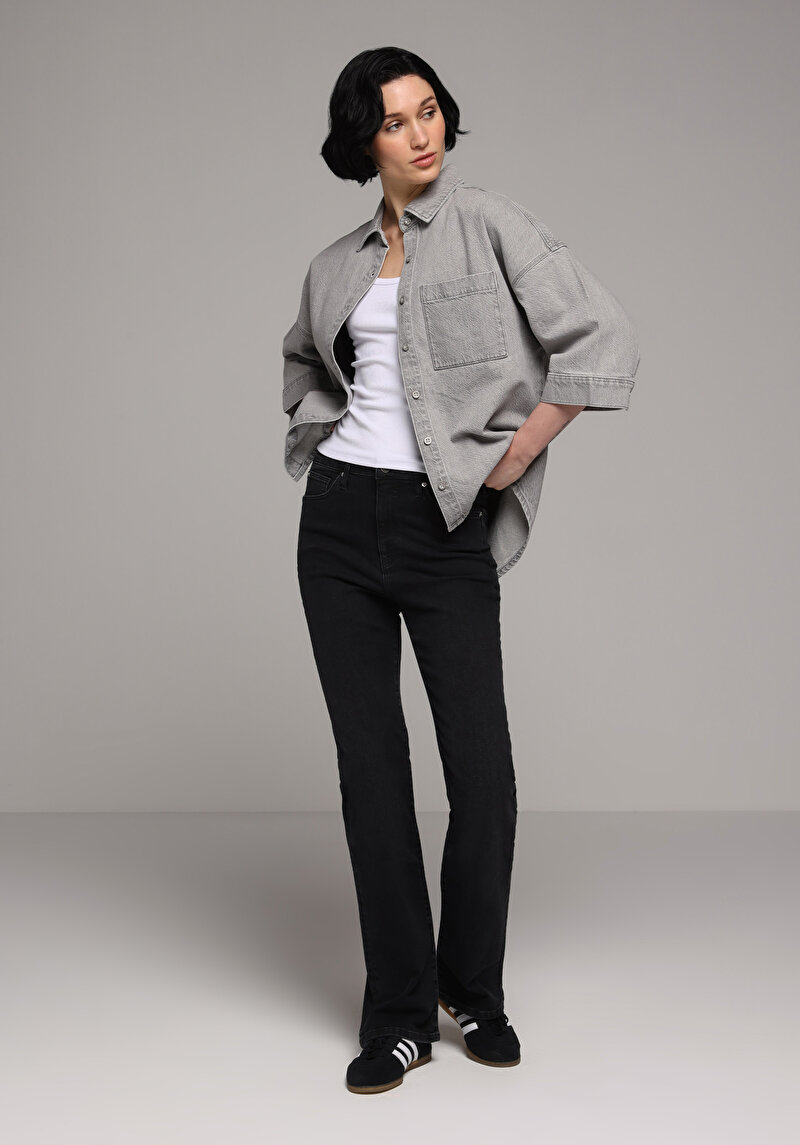 Oversize Fit Klasik Yaka Düz Kadın Grey Denim Uzun Kol Gömlek