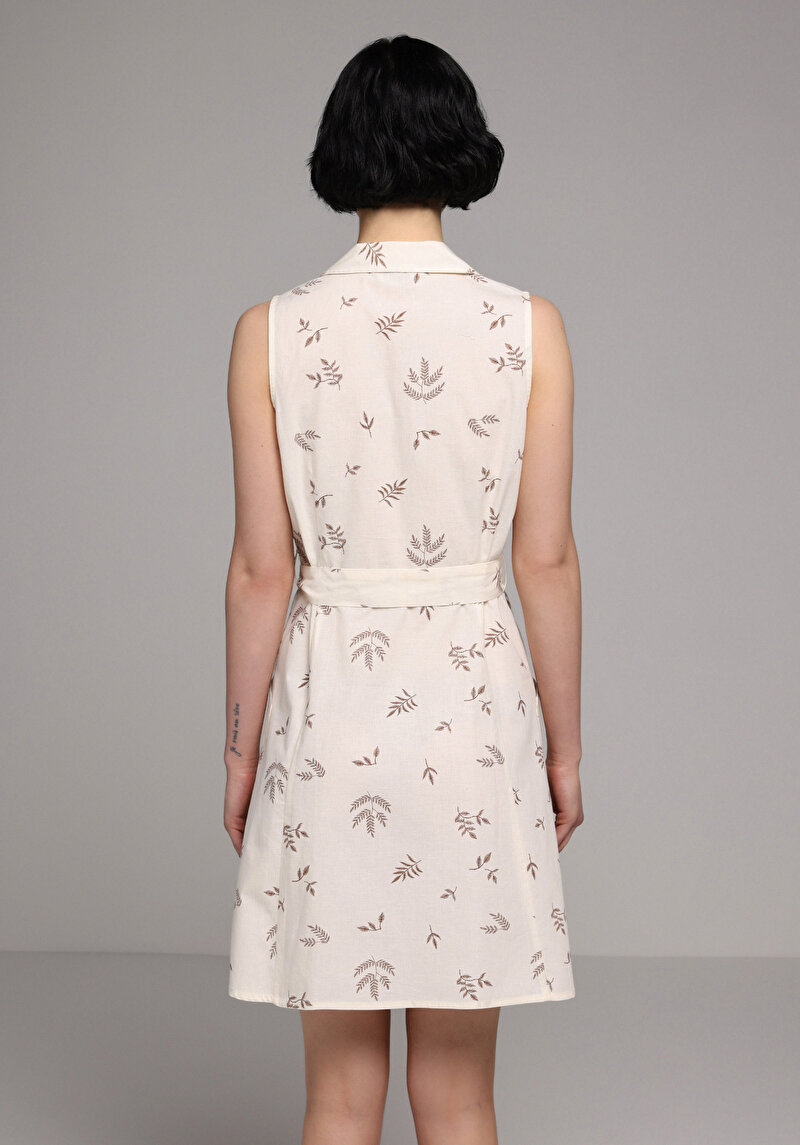 Regular Fit Metraj Baskılı Kadın Ekru Kolsuz Elbise