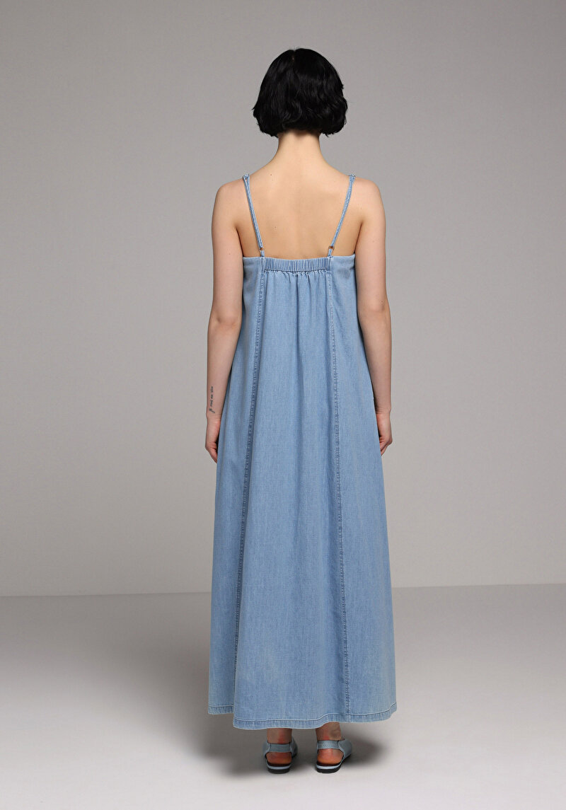 Regular Fit Düz Kadın Light İndigo Denim Askılı Elbise