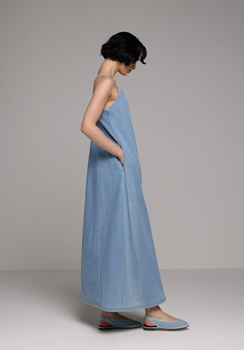 Regular Fit Düz Kadın Light İndigo Denim Askılı Elbise
