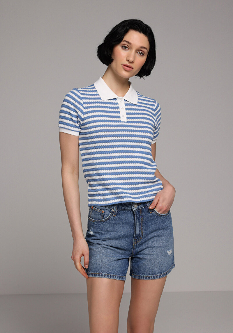 Mom Fit Yüksel Bel Düz Kadın Mid İndigo Denim Jean Şort