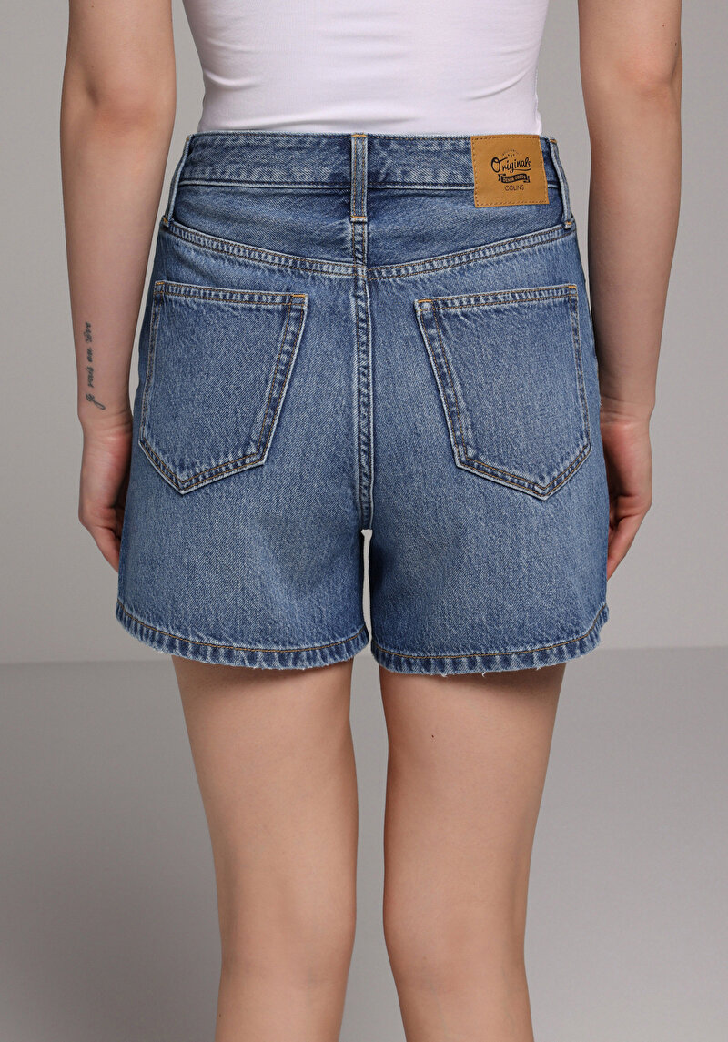 Mom Fit Yüksel Bel Düz Kadın Mid İndigo Denim Jean Şort
