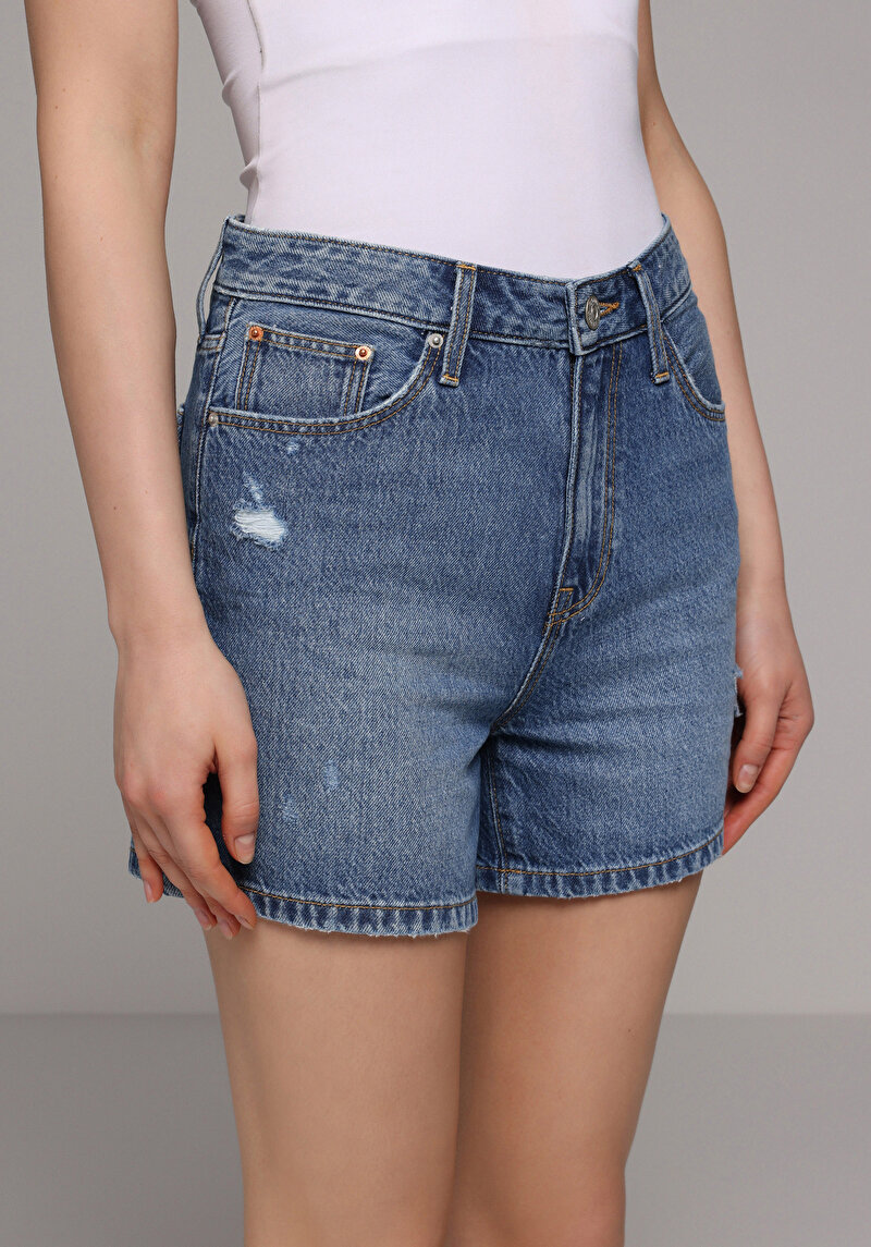 Mom Fit Yüksel Bel Düz Kadın Mid İndigo Denim Jean Şort
