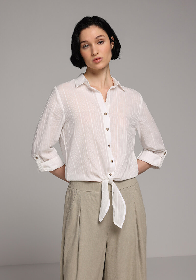 Fashion Fit Shirt Neck Düz Kadın Beyaz Roll-up Gömlek