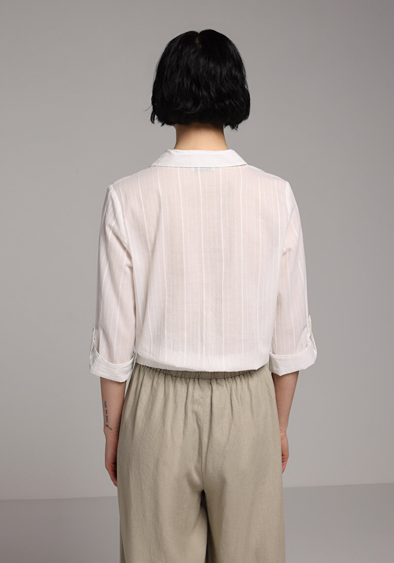 Fashion Fit Shirt Neck Düz Kadın Beyaz Roll-up Gömlek