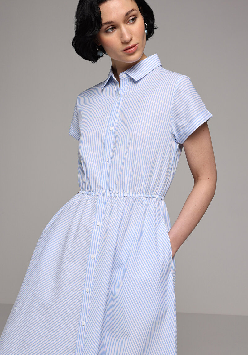 Regular Fit Çizgili Kadın Mavi Kısa Kol Elbise