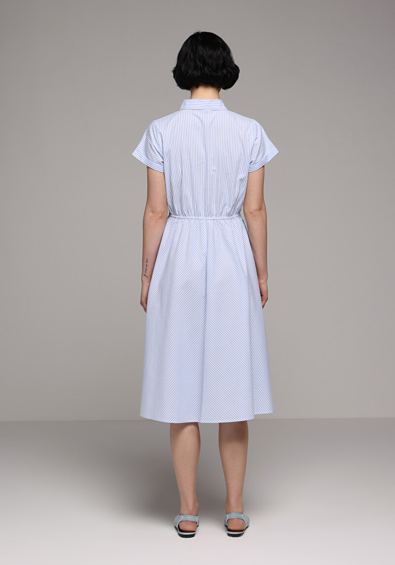 Regular Fit Çizgili Kadın Mavi Kısa Kol Elbise