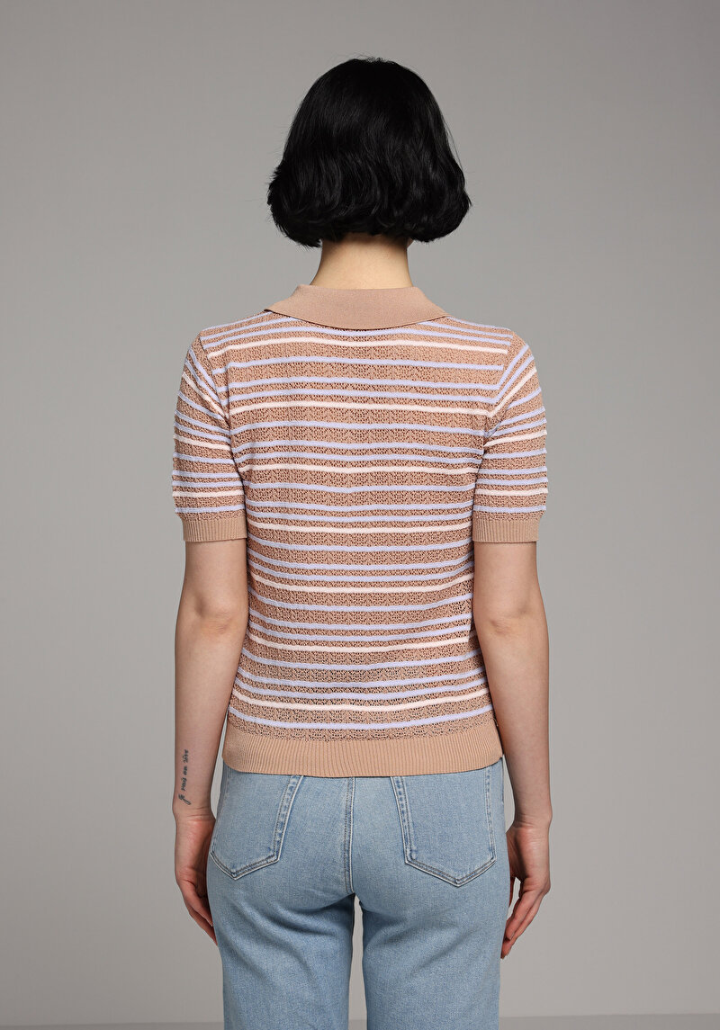 Slim Fit Polo Yaka Çizgili Kadın Bej Kısa Kol Kazak