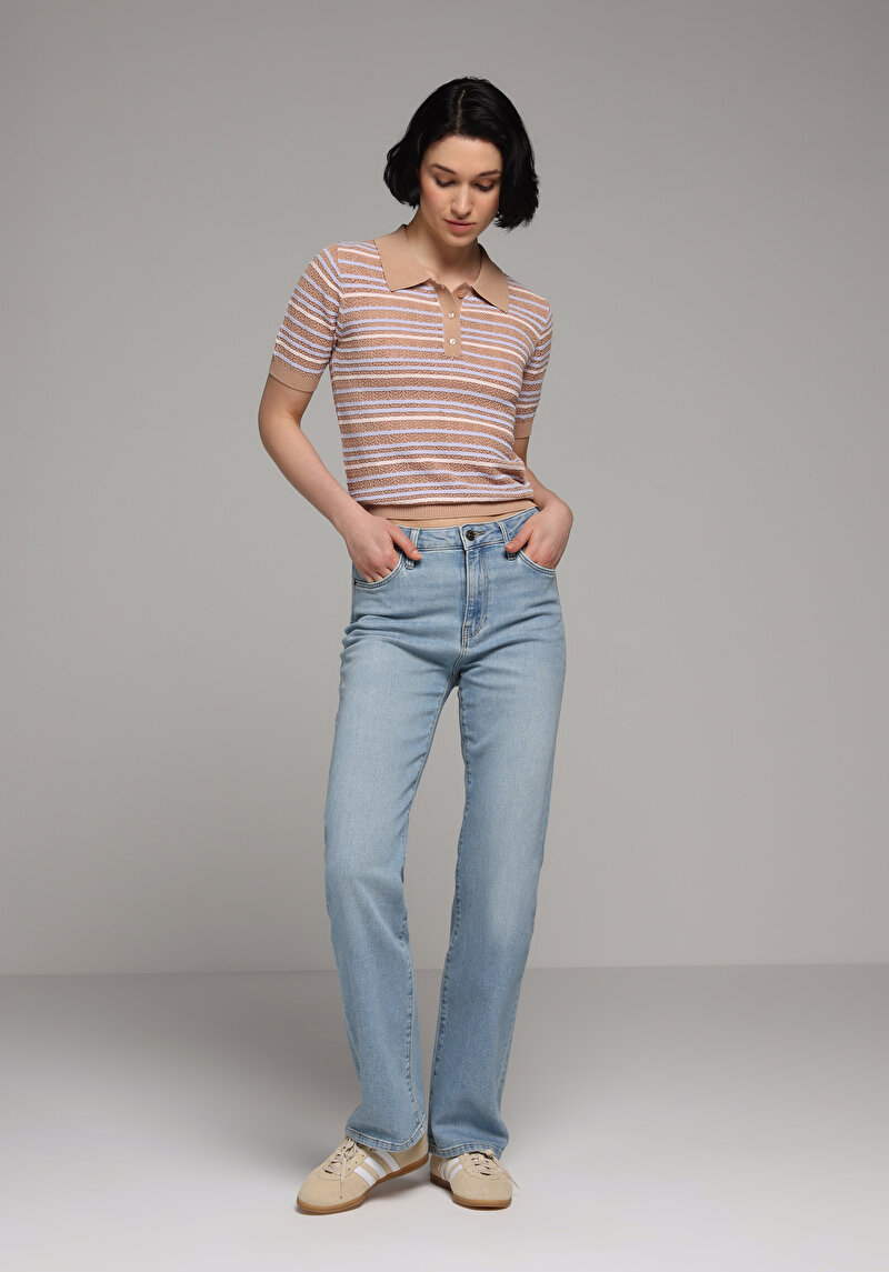 Slim Fit Polo Yaka Çizgili Kadın Bej Kısa Kol Kazak