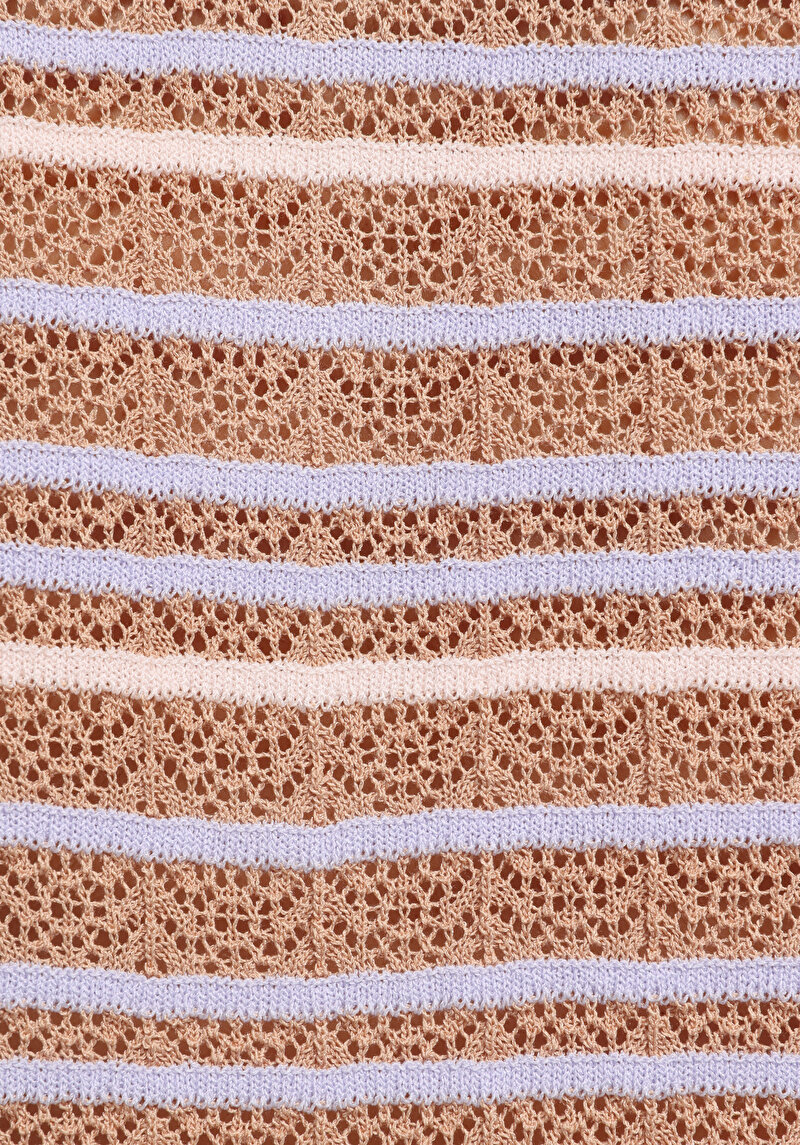 Slim Fit Polo Yaka Çizgili Kadın Bej Kısa Kol Kazak