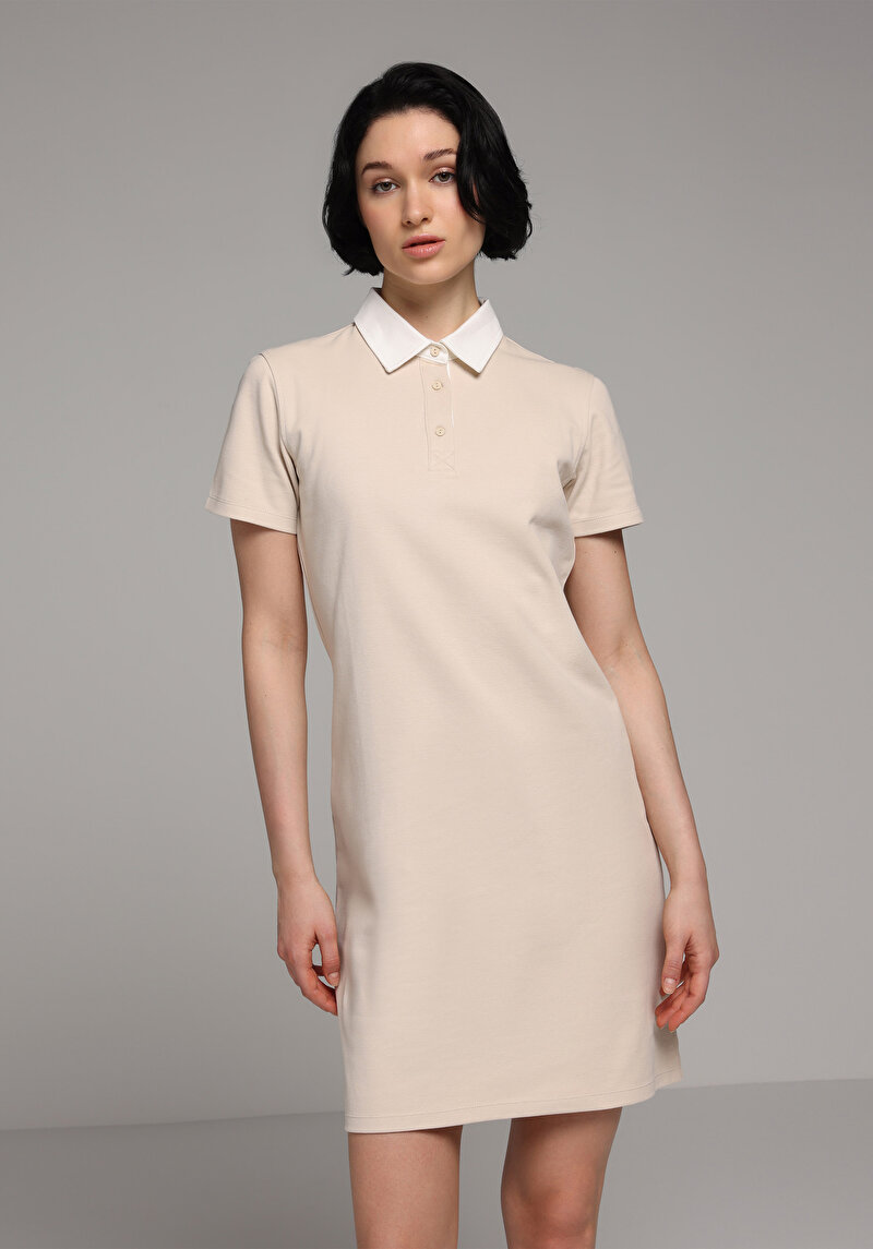 Slim Fit Nakışlı Kadın Bej Kısa Kol Elbise