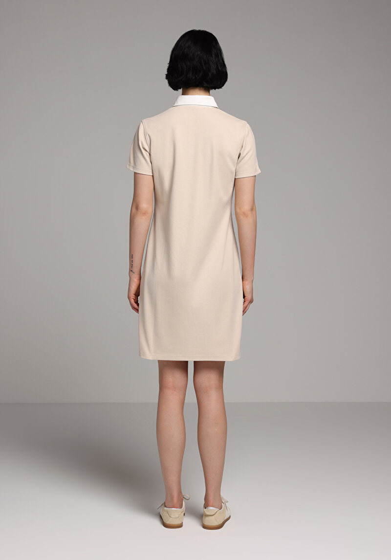 Slim Fit Nakışlı Kadın Bej Kısa Kol Elbise