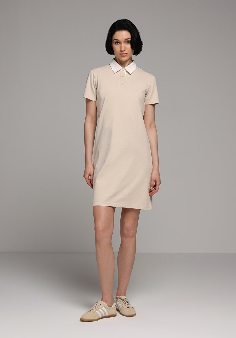 Slim Fit Nakışlı Kadın Bej Kısa Kol Elbise