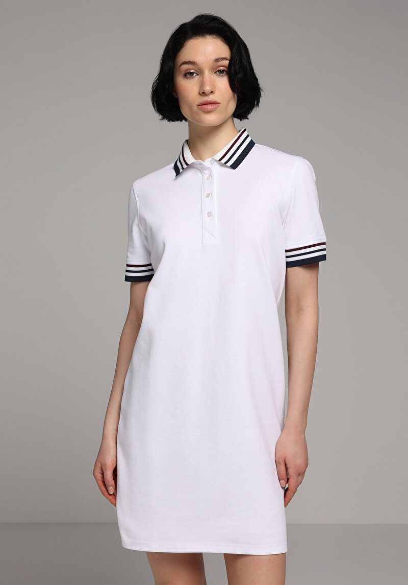 Slim Fit Jakarlı Kadın Beyaz Kısa Kol Elbise