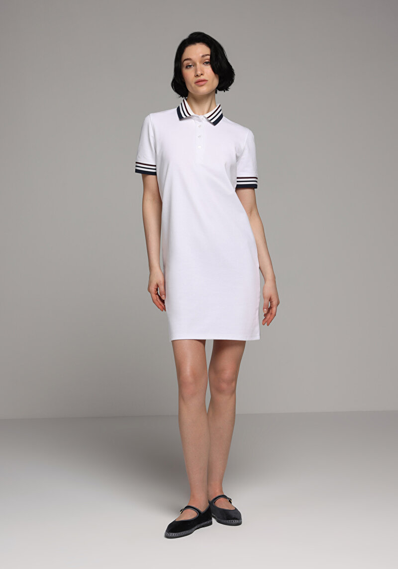 Slim Fit Jakarlı Kadın Beyaz Kısa Kol Elbise