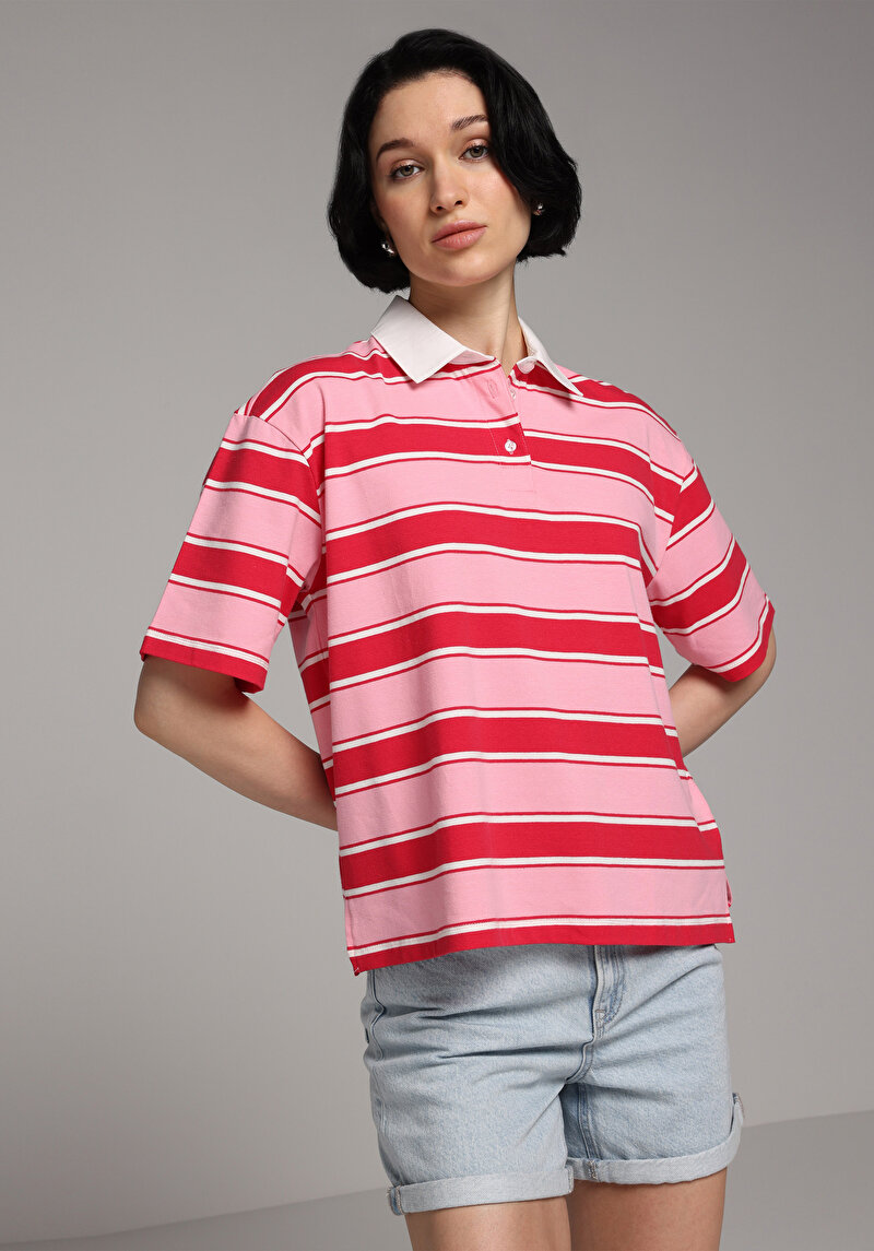 Regular Fit Polo Yaka Çizgili Kadın Kirmizi Kısa Kol Tişört