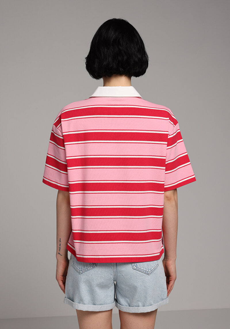 Regular Fit Polo Yaka Çizgili Kadın Kirmizi Kısa Kol Tişört