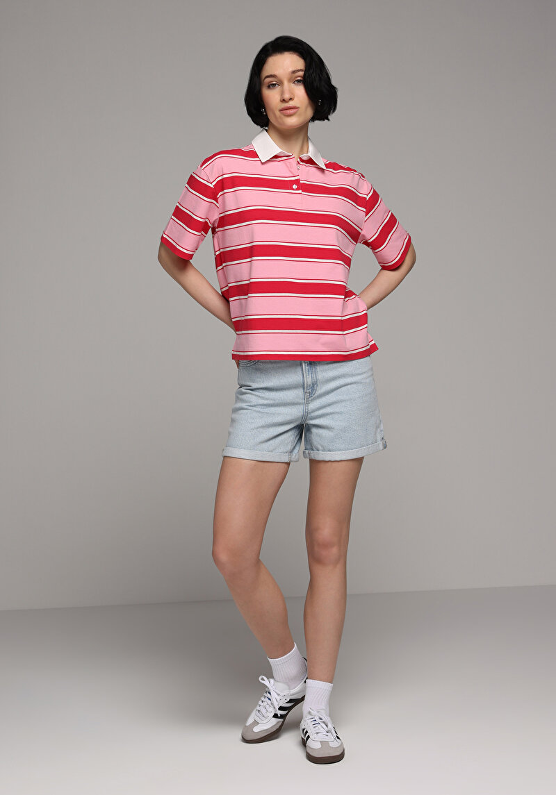 Regular Fit Polo Yaka Çizgili Kadın Kirmizi Kısa Kol Tişört
