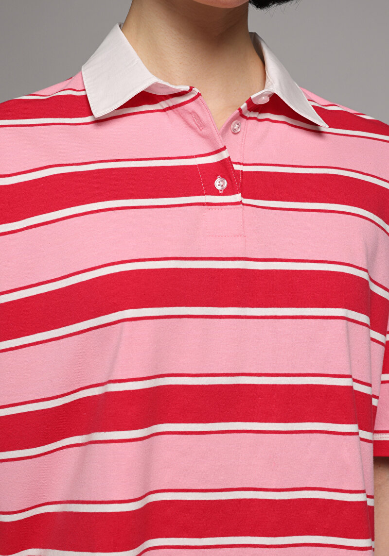 Regular Fit Polo Yaka Çizgili Kadın Kirmizi Kısa Kol Tişört