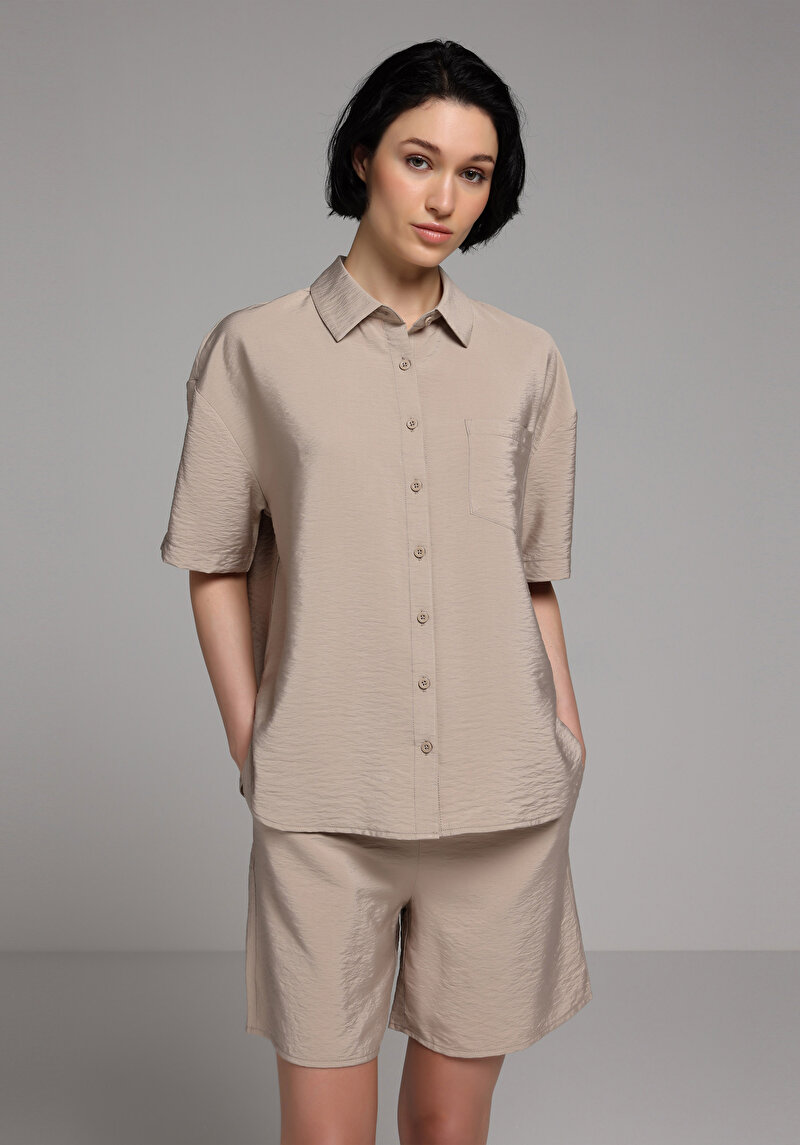 Fashion Fit Shirt Neck Düz Kadın Açik Kahverengi Kısa Kol Gömlek