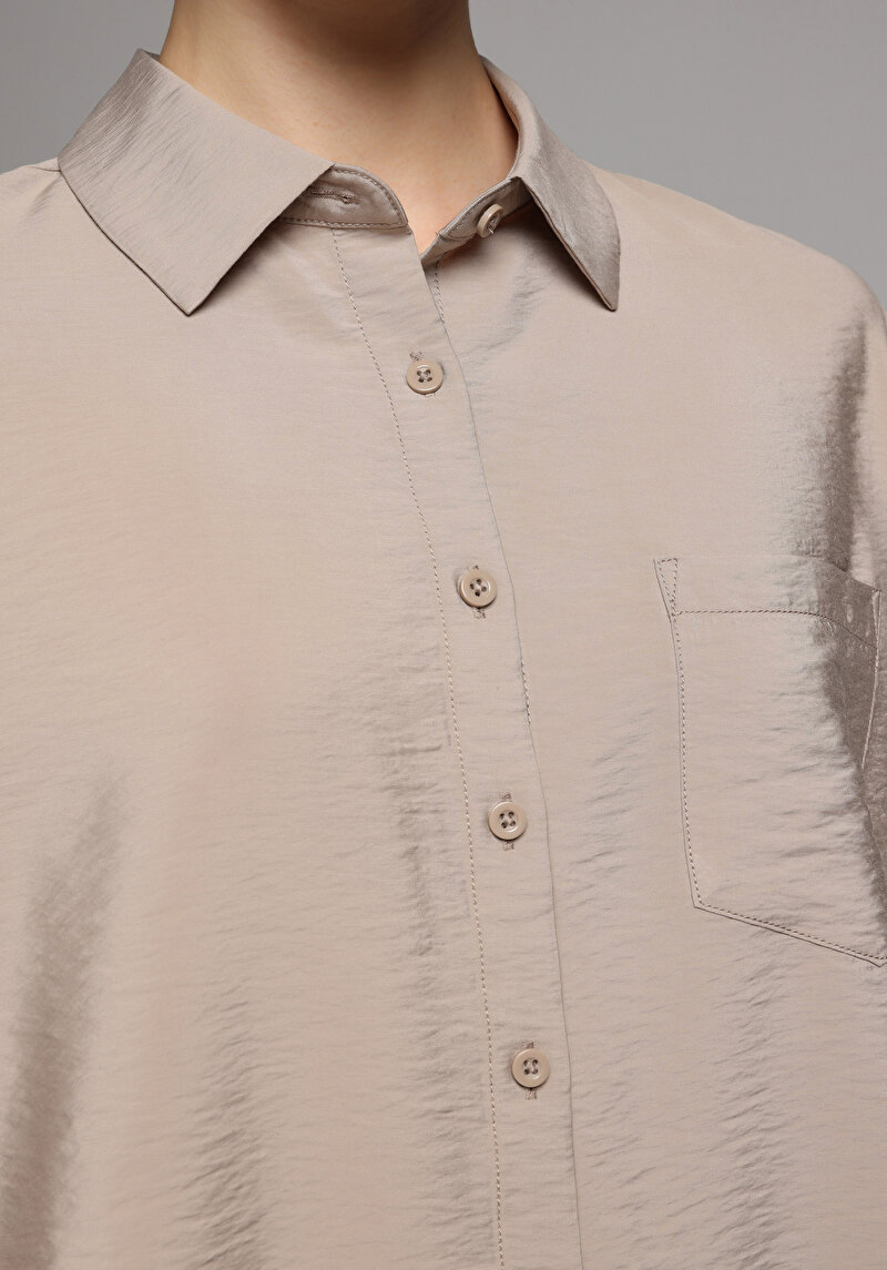 Fashion Fit Shirt Neck Düz Kadın Açik Kahverengi Kısa Kol Gömlek