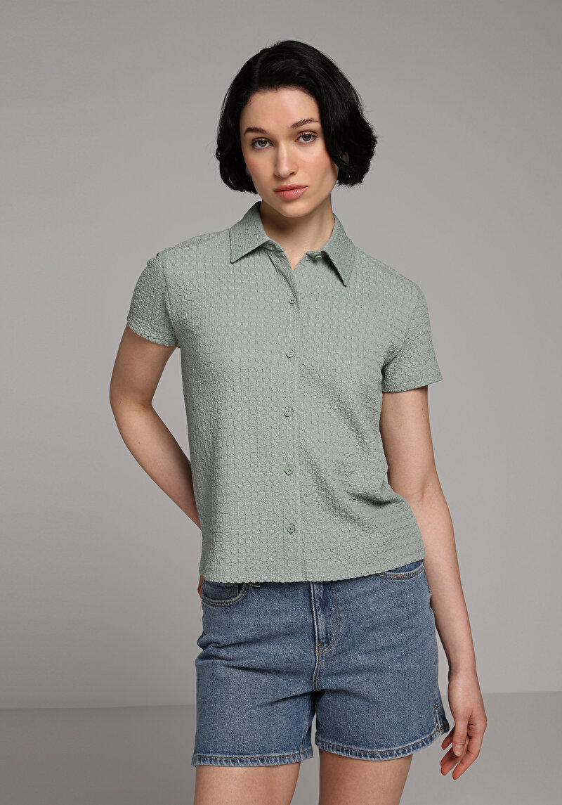 Slim Fit Polo Yaka Düz Kadın Yeşil Kısa Kol Tişört