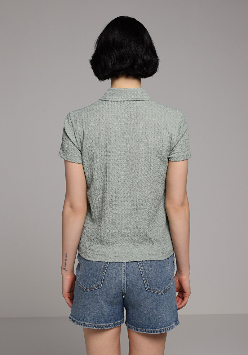 Slim Fit Polo Yaka Düz Kadın Yeşil Kısa Kol Tişört