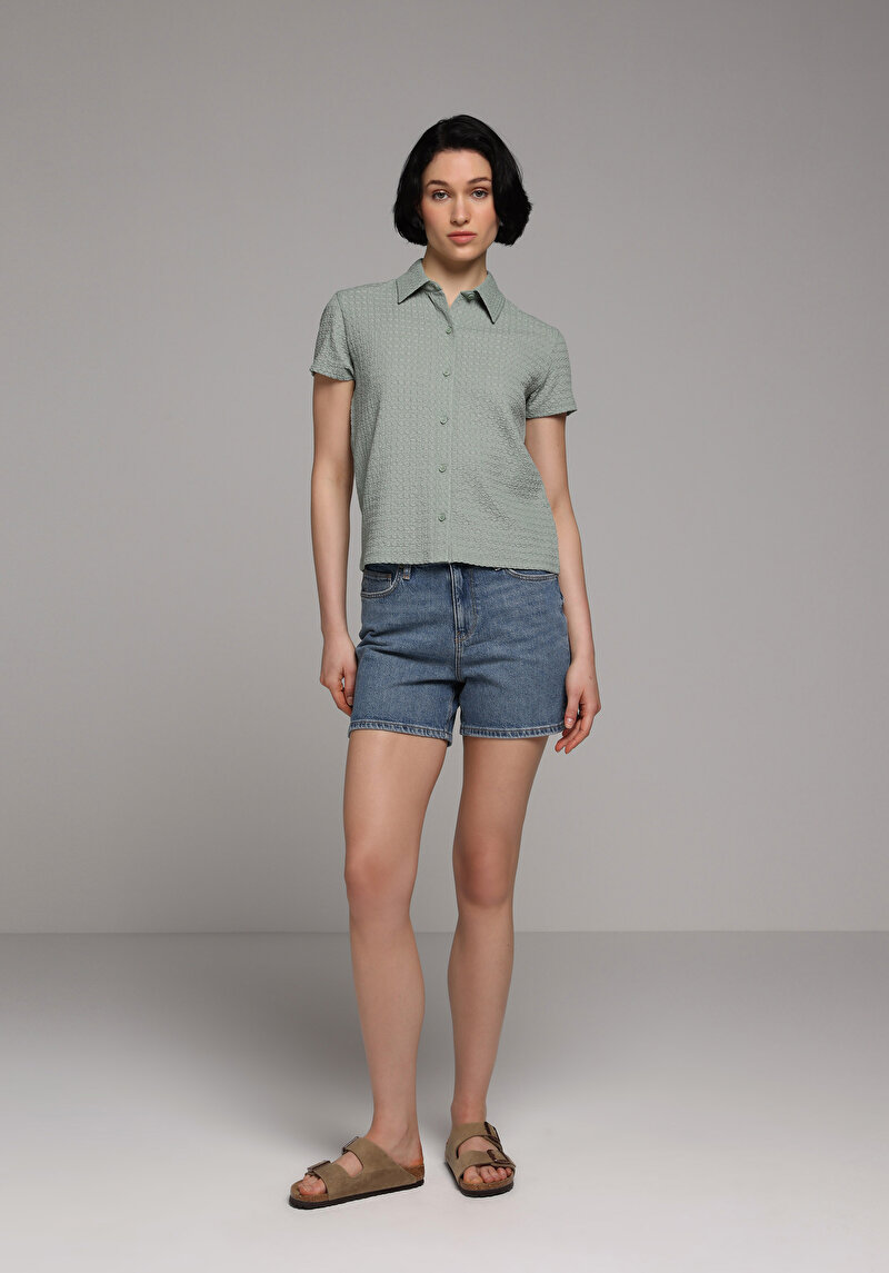 Slim Fit Polo Yaka Düz Kadın Yeşil Kısa Kol Tişört