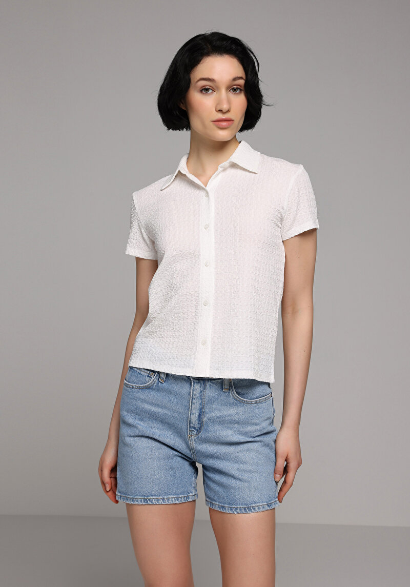 Slim Fit Polo Yaka Düz Kadın Beyaz Kısa Kol Tişört