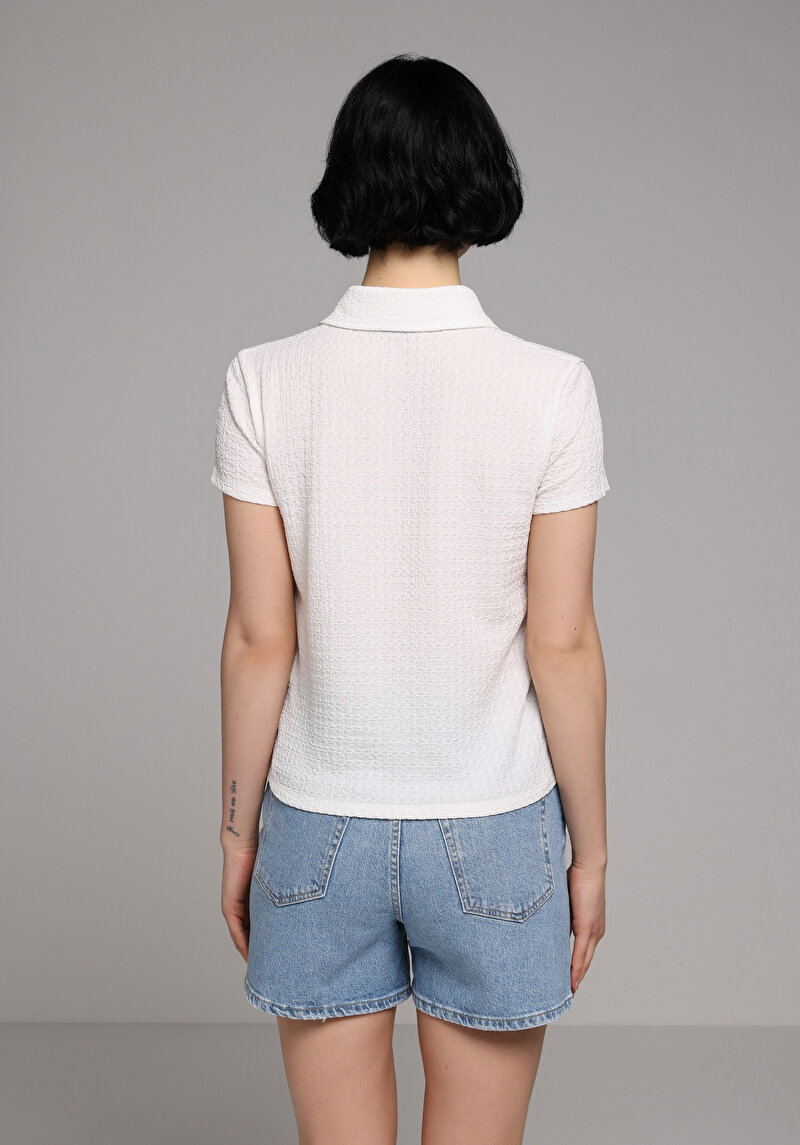 Slim Fit Polo Yaka Düz Kadın Beyaz Kısa Kol Tişört