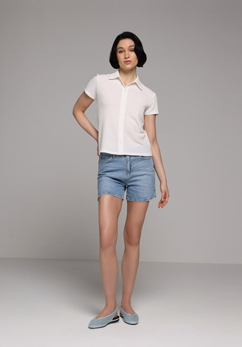 Slim Fit Polo Yaka Düz Kadın Beyaz Kısa Kol Tişört