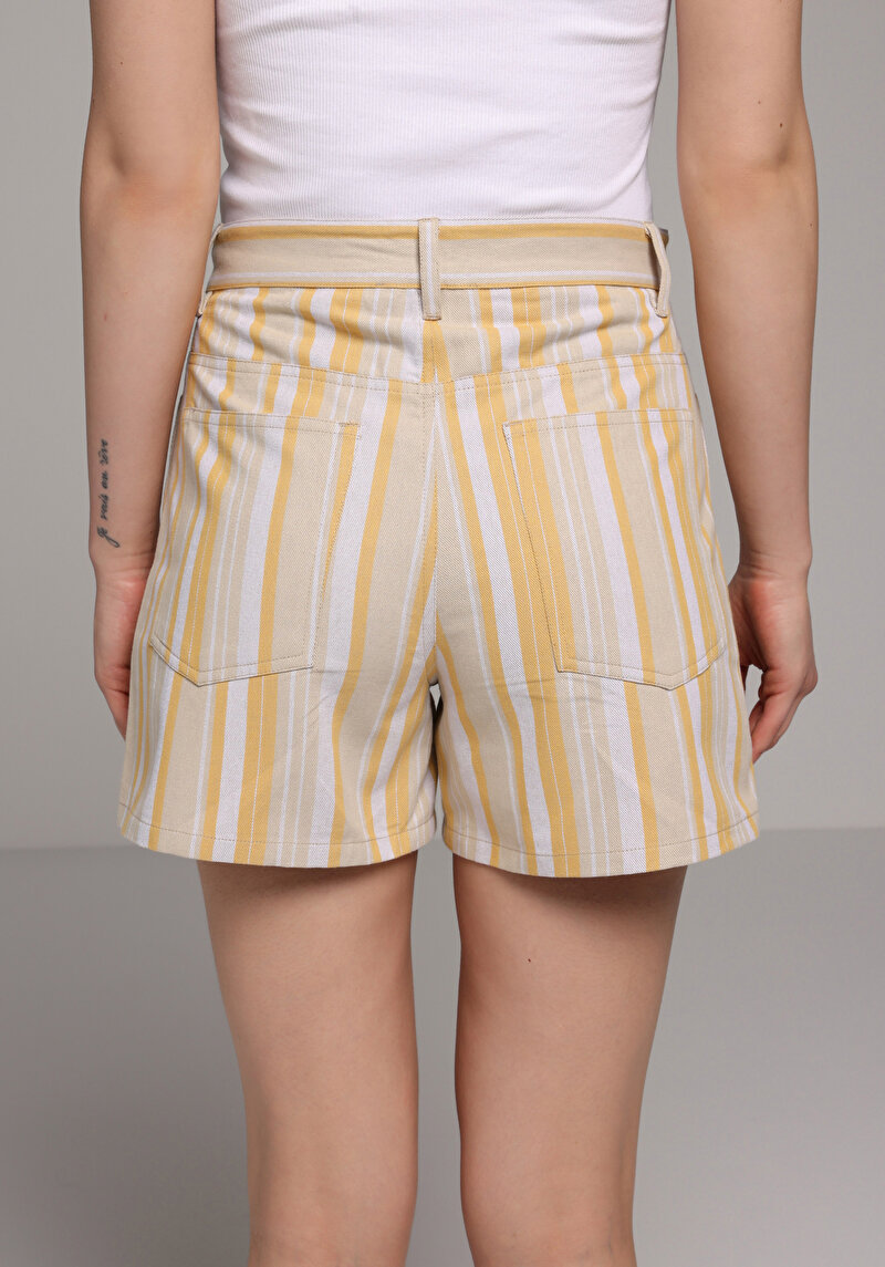 Regular Fit Düşük Bel Çizgili Kadın Bej Şort