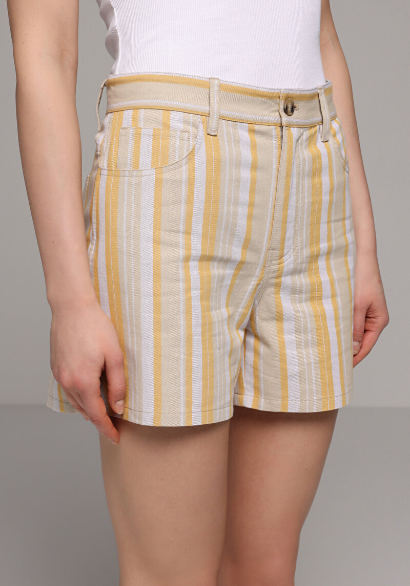 Regular Fit Düşük Bel Çizgili Kadın Bej Şort